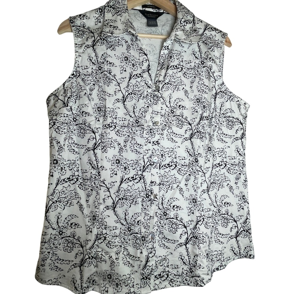 Van Heusen Women's Sleeveless White and Black‎ Button-Down Blouse SZ L